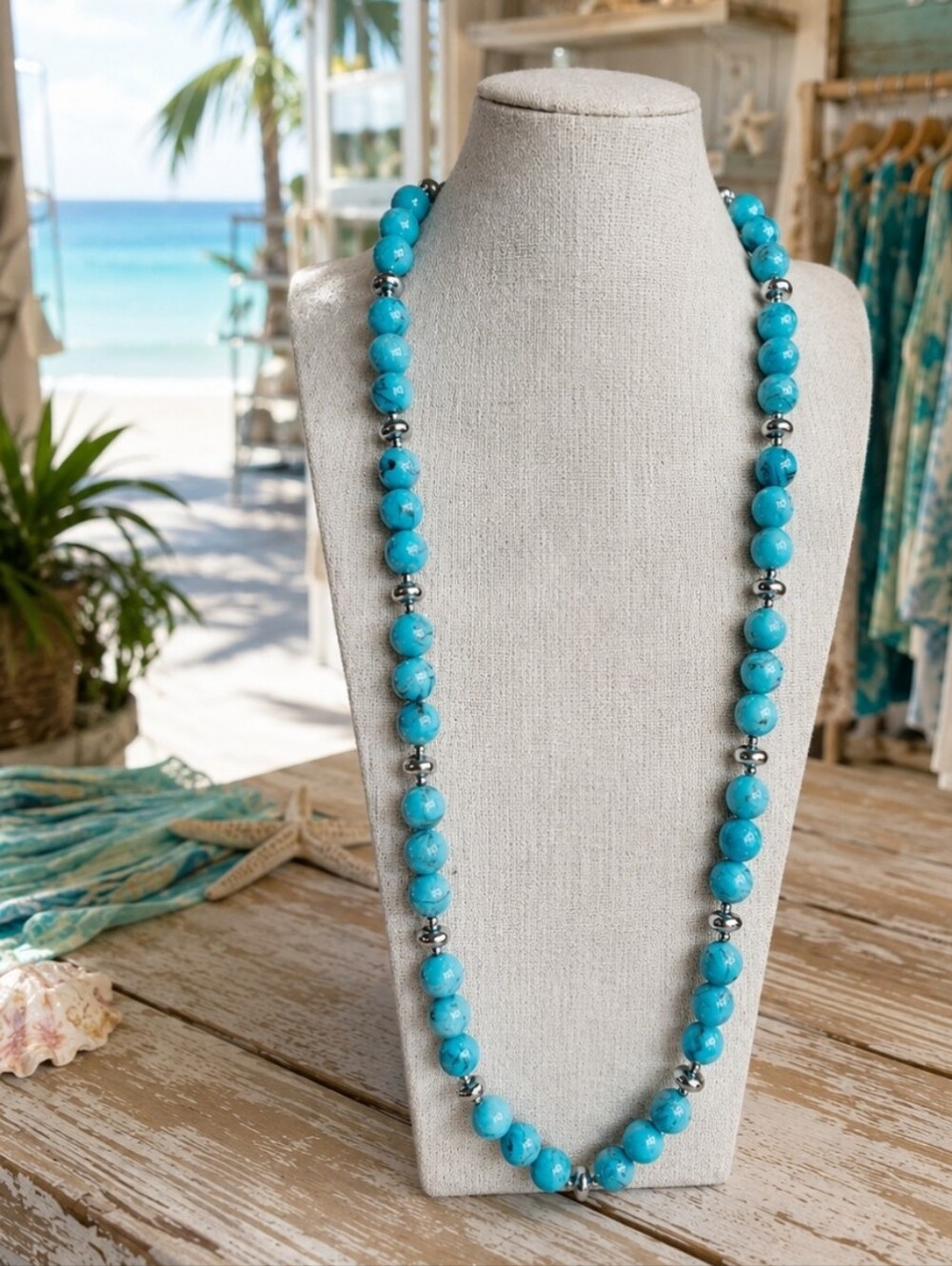 Robin's Egg Blue Long Lucite Silver Tone Beaded Vintage Necklace EUC